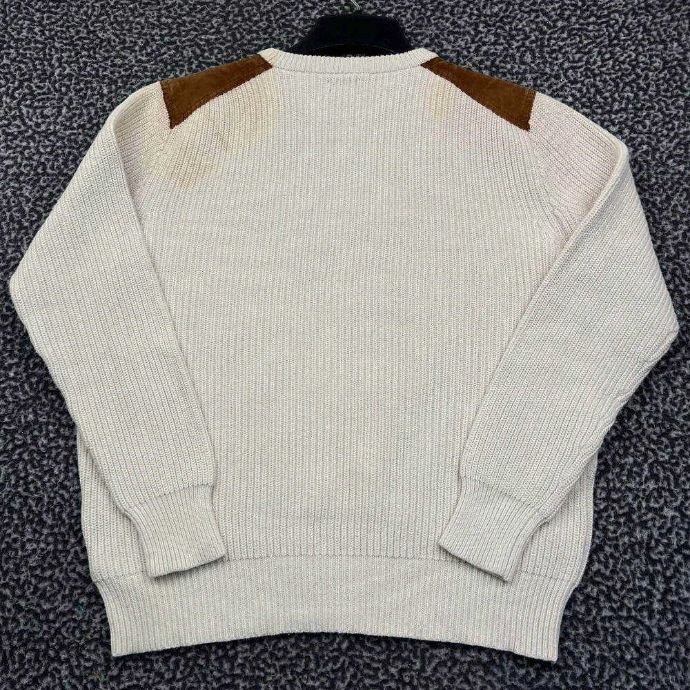 J. Crew Fisherman Sweater Men Medium Knit Pullover Suede Shoulder Patch Cotton M